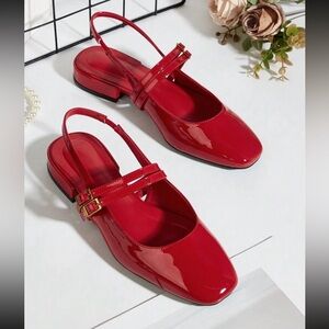 Red patent faux leather square toe double strap buckle strappy flats
